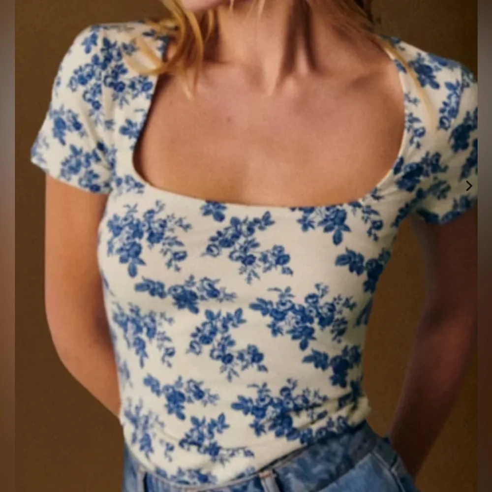 Sézane Amara T-Shirt Fiori Blue Print Size Small - Picture 2 of 6